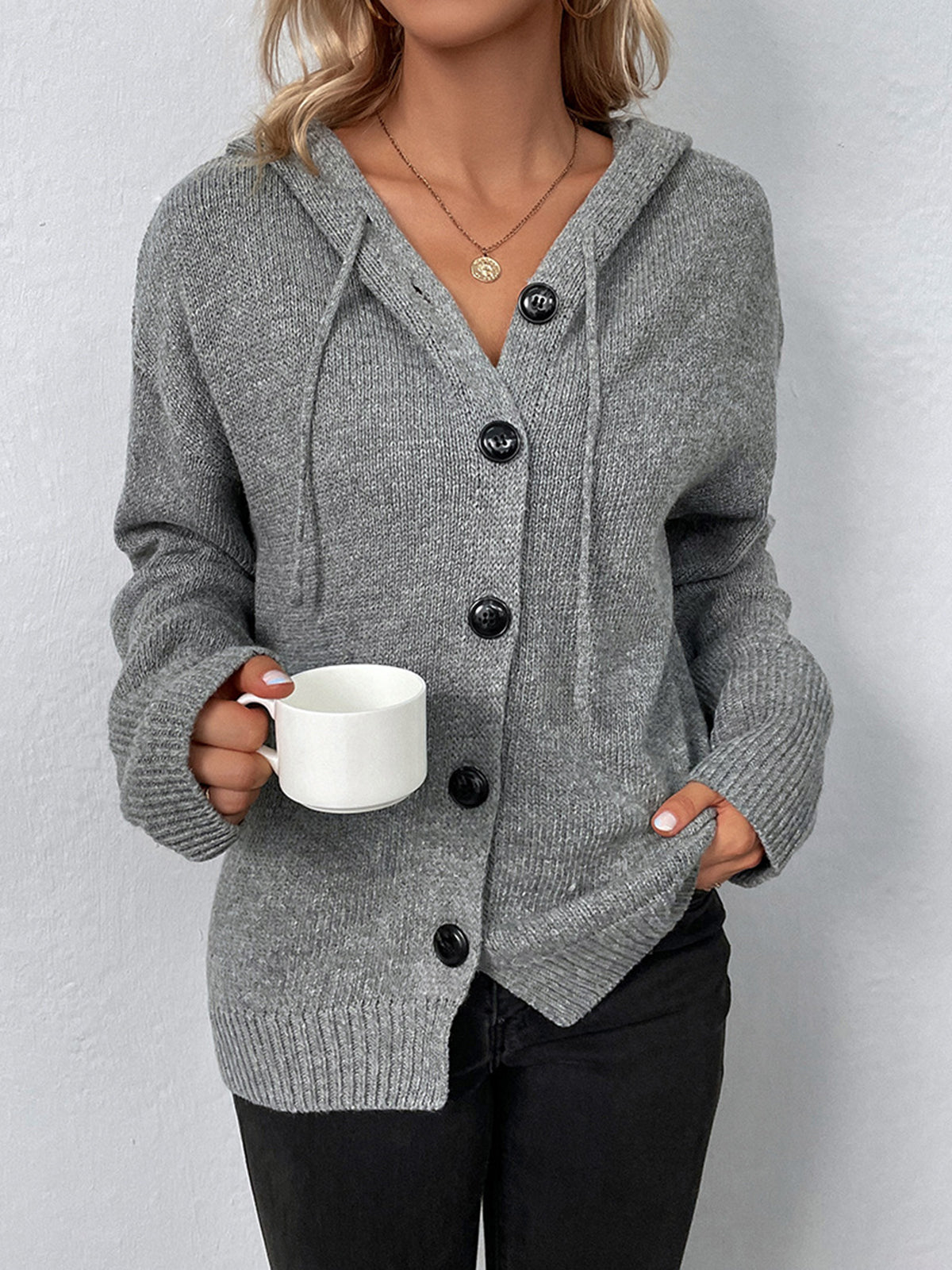 Women’s Hooded Knit Button Cardigan with Drawstring