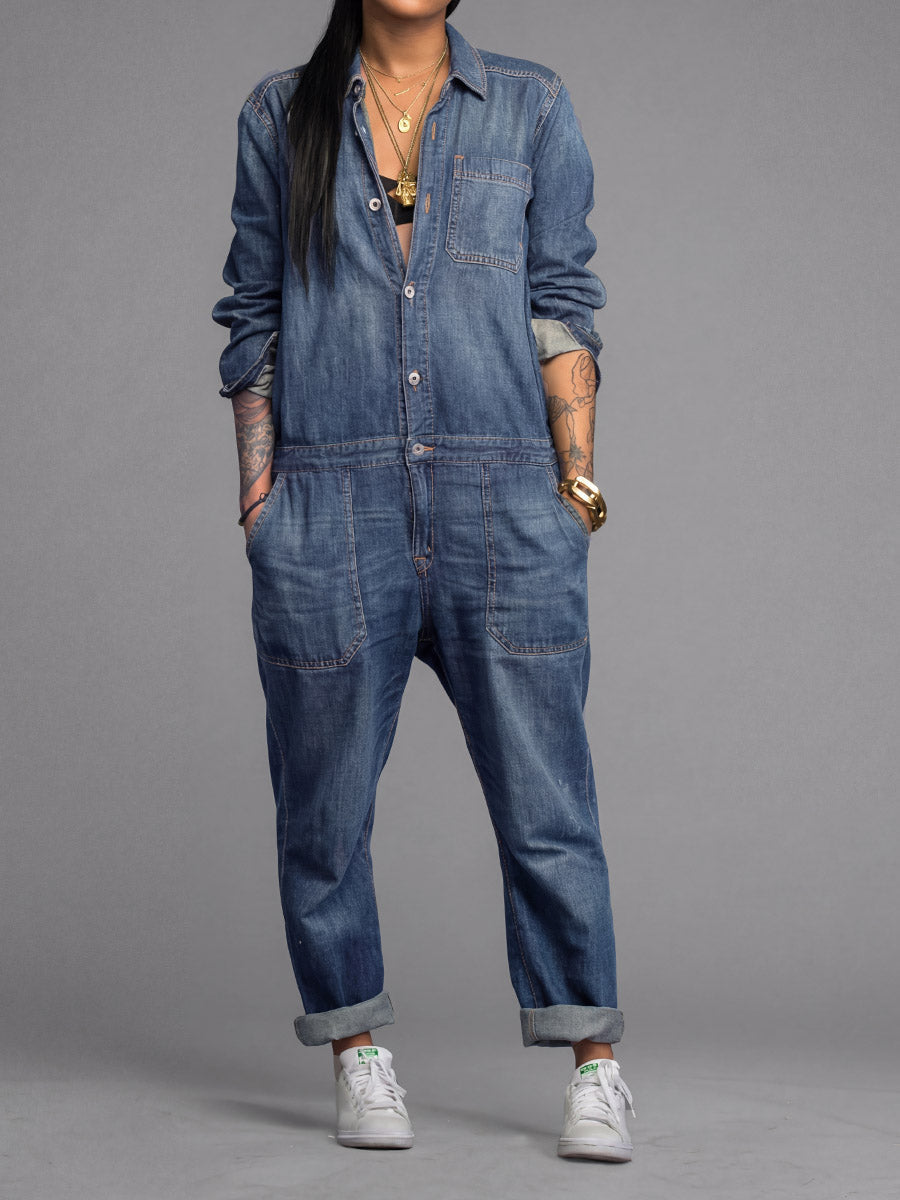Women's Denim Button-Front Relaxed Fit Jumpsuit