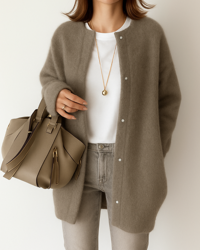 Women’s Longline Fluffy Knit Crew Neck Button Cardigan