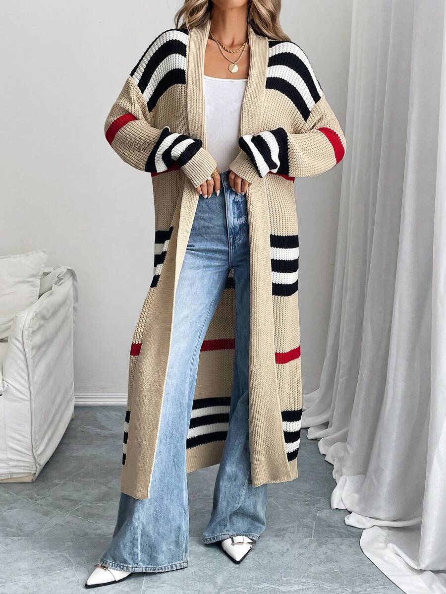 Women's Striped Longline Open-Front Maxi Cardigan