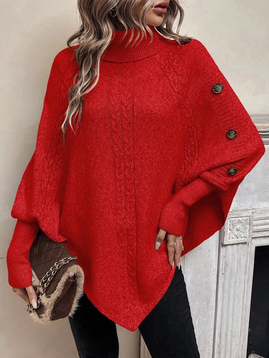 Women's Cable Knit Turtleneck Poncho Sweater