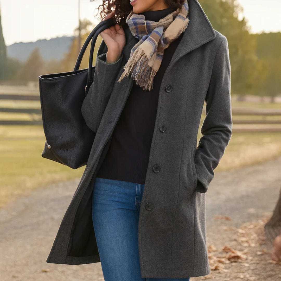 Women's Button-Front Notch Collar Wool-Look Coat