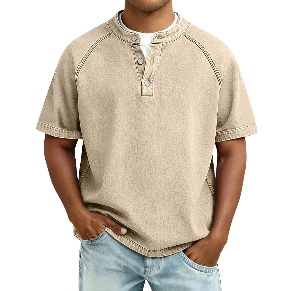 Men's Short Sleeve Band Collar Button Henley Tee