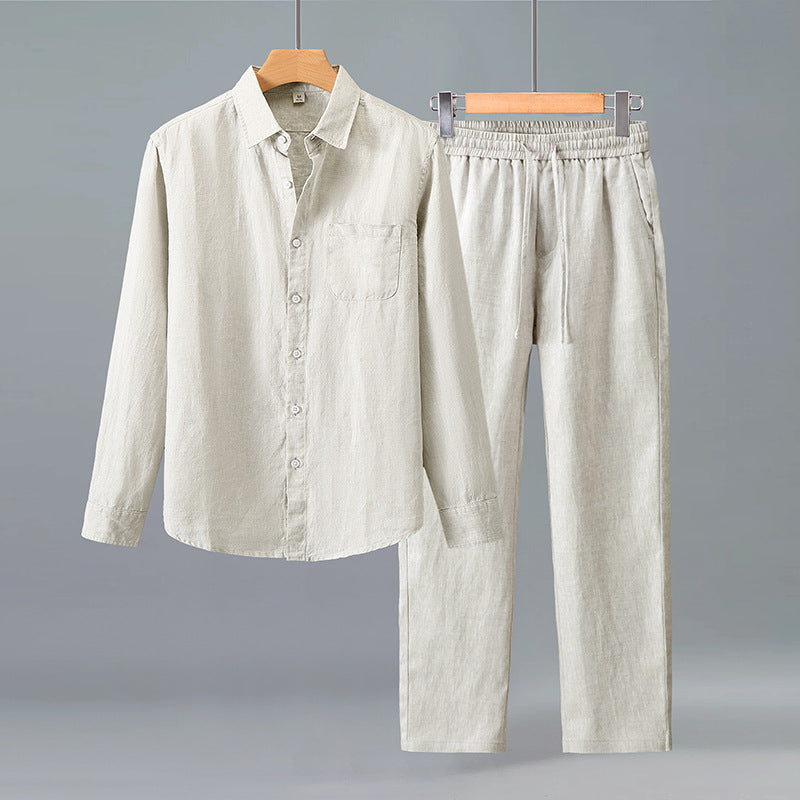 Men's Linen Blend Long Sleeve Shirt and Pants Set