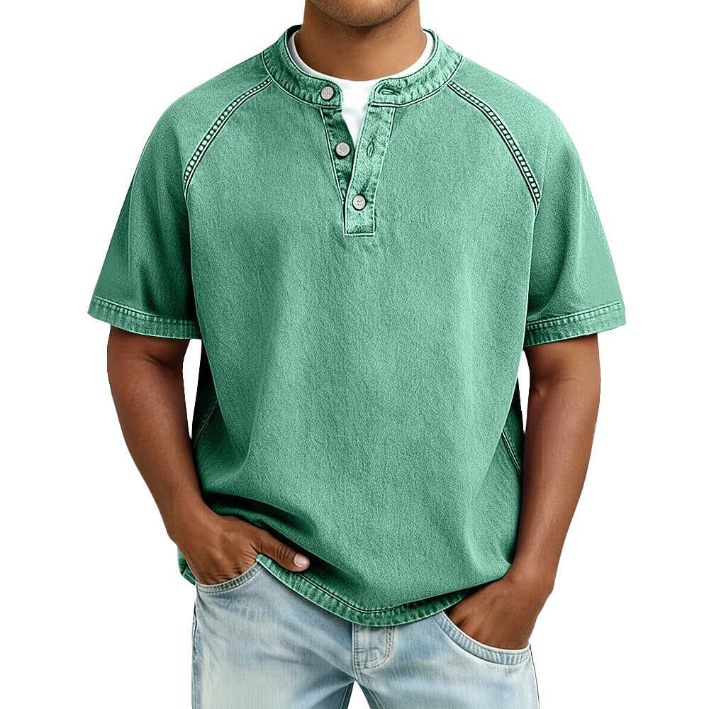 Men's Short Sleeve Band Collar Button Henley Tee