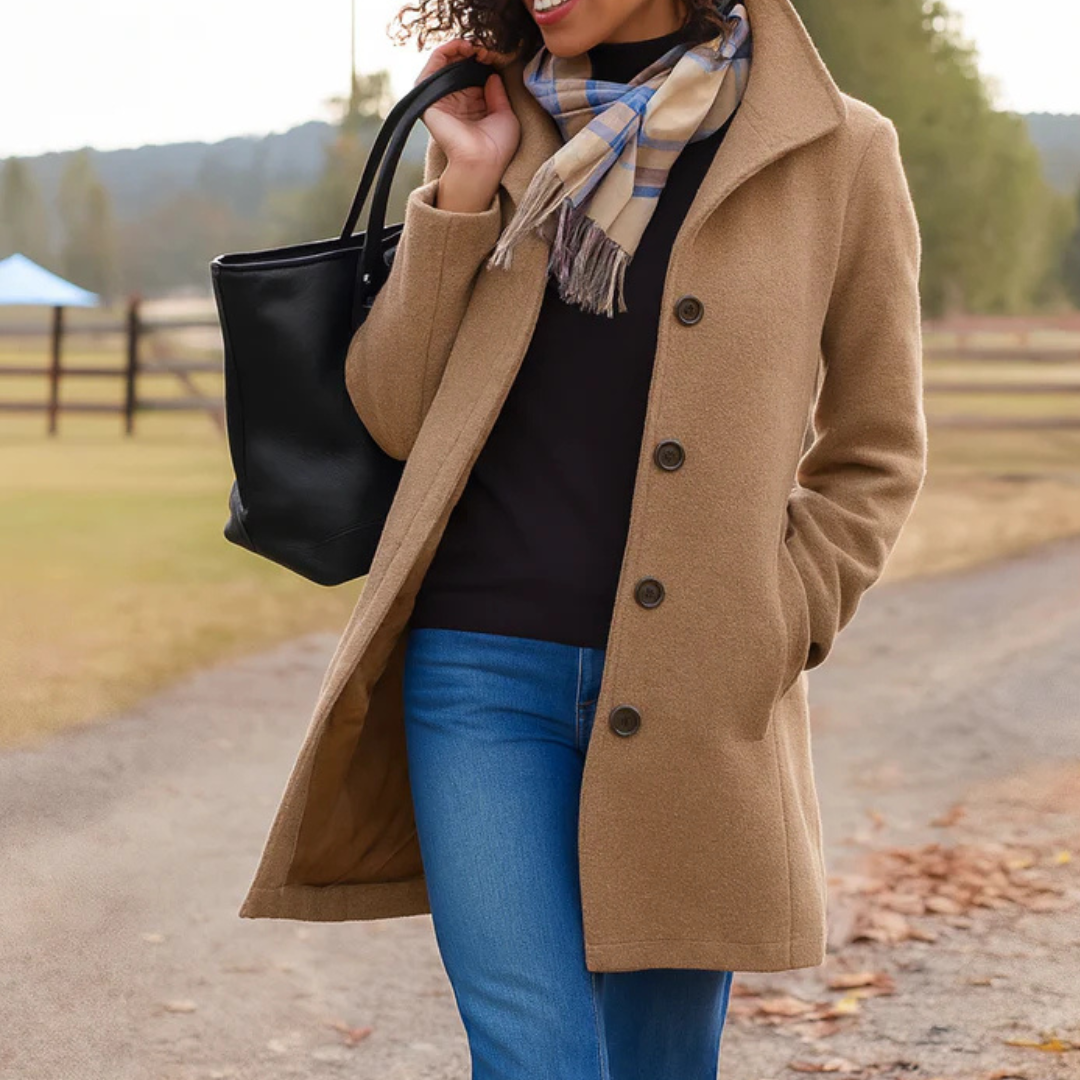 Women's Button-Front Notch Collar Wool-Look Coat