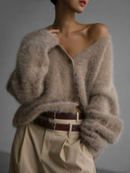 Women's Fluffy V-Neck Cropped Button Cardigan