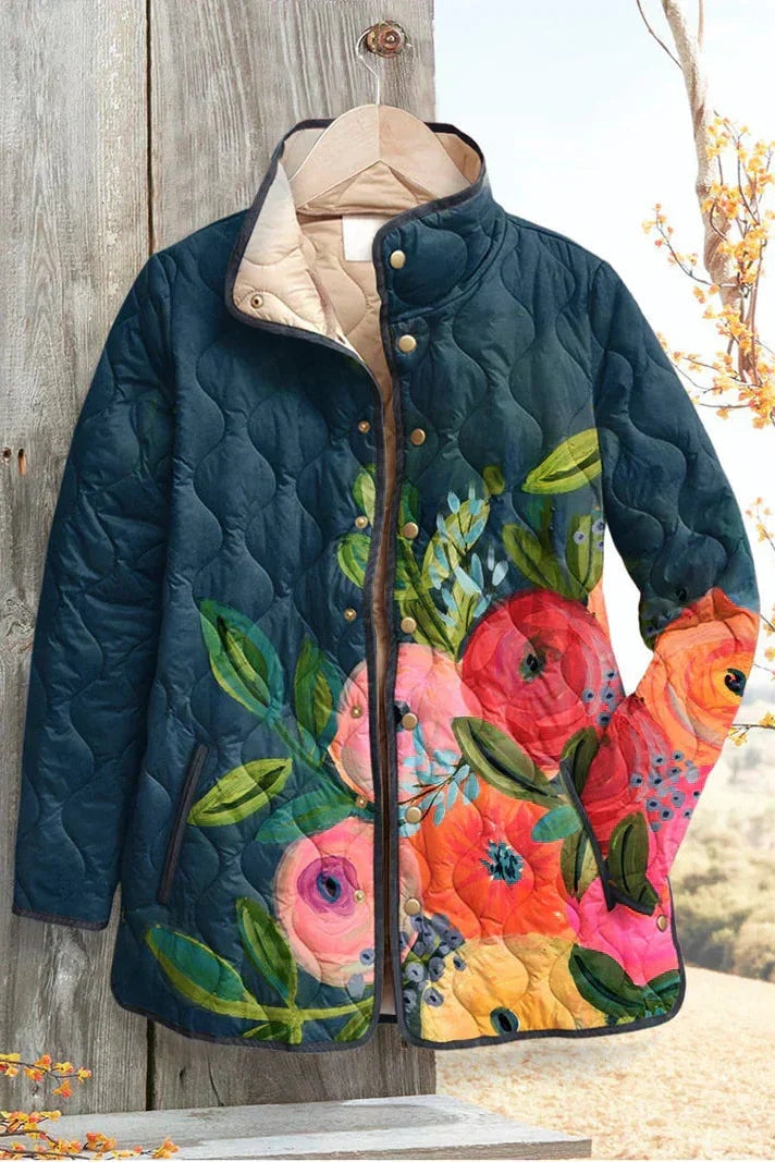 Women's Floral Patchwork Quilted Jacket with Stand Collar