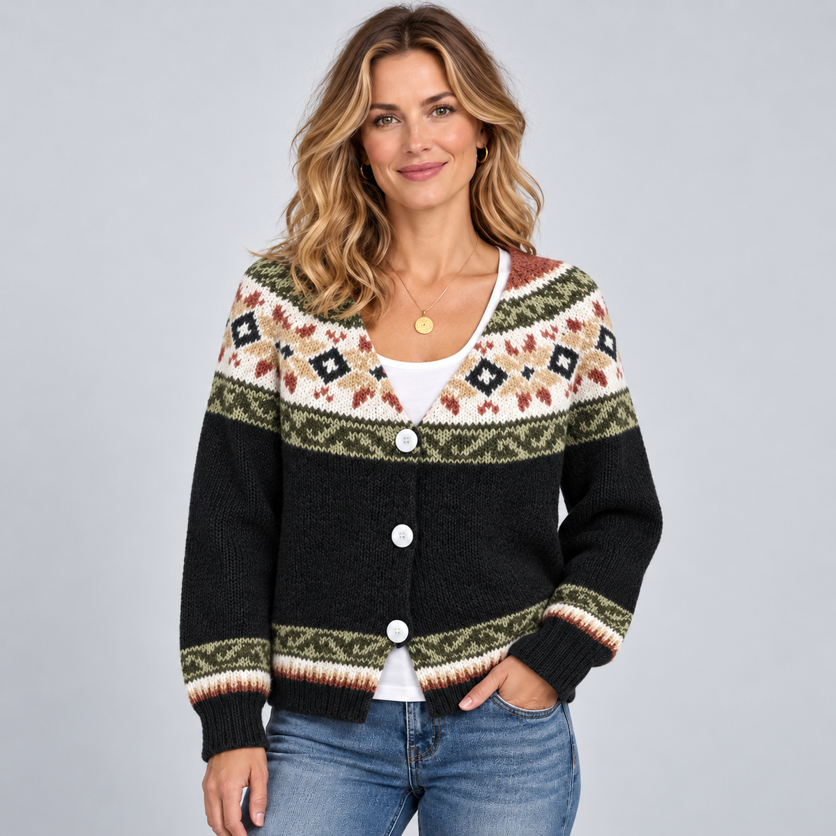 Women's Fair Isle Yoke V-Neck Button Cardigan