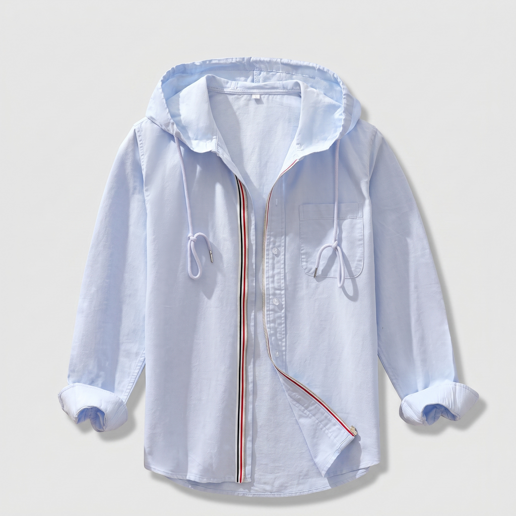 Men’s Hooded Zip-Up Overshirt with Stripe Tape Trim