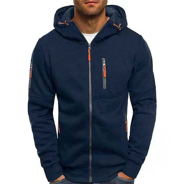 Men's hooded zip hoodie with long sleeves, multiple zipped pockets and drawcord hood