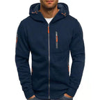 Men's hooded zip hoodie with long sleeves, multiple zipped pockets and drawcord hood