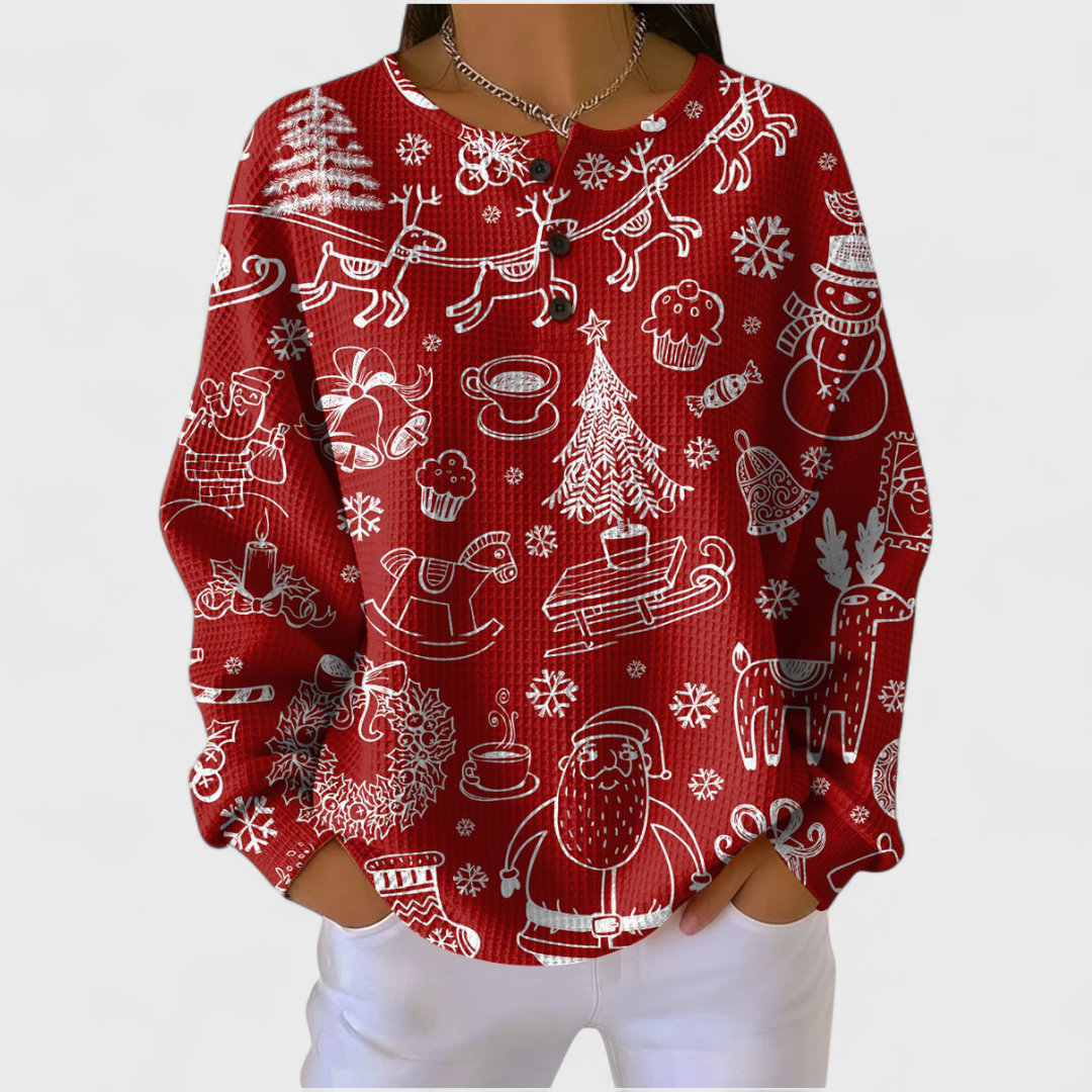 Women's Christmas Print Waffle Knit Long Sleeve Henley Top