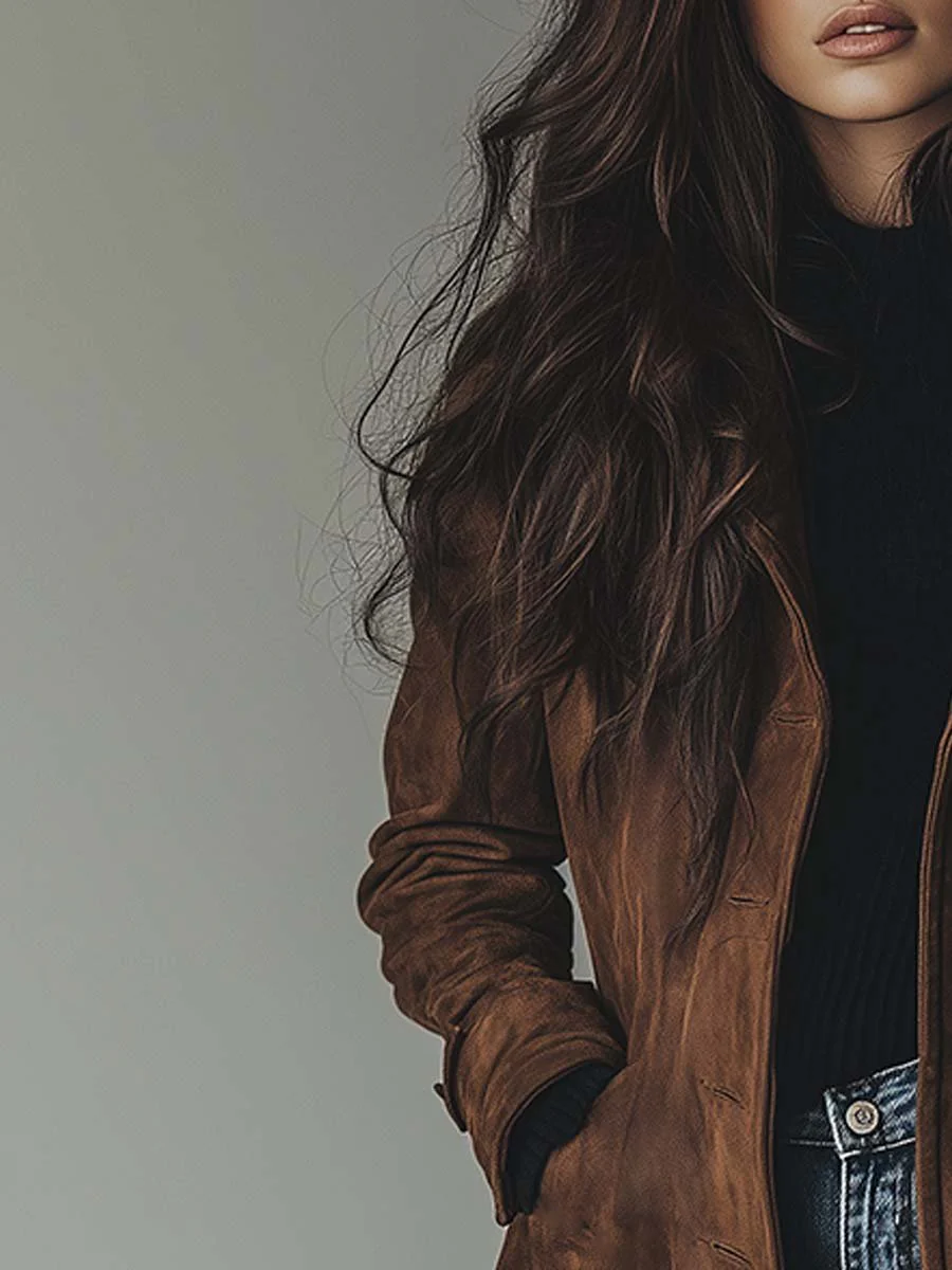 Women’s Faux Suede Single-Breasted Longline Coat