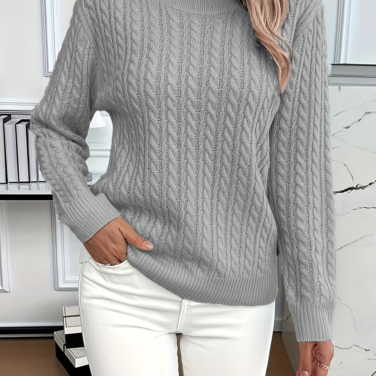 Women’s Classic Cable Knit Mock Neck Sweater