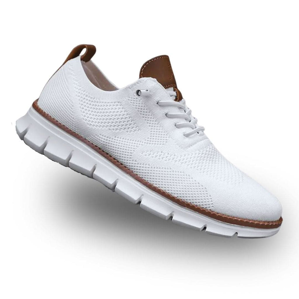 Knit lace-up walking shoe with a round toe, contrast trim and flat cut-out sole
