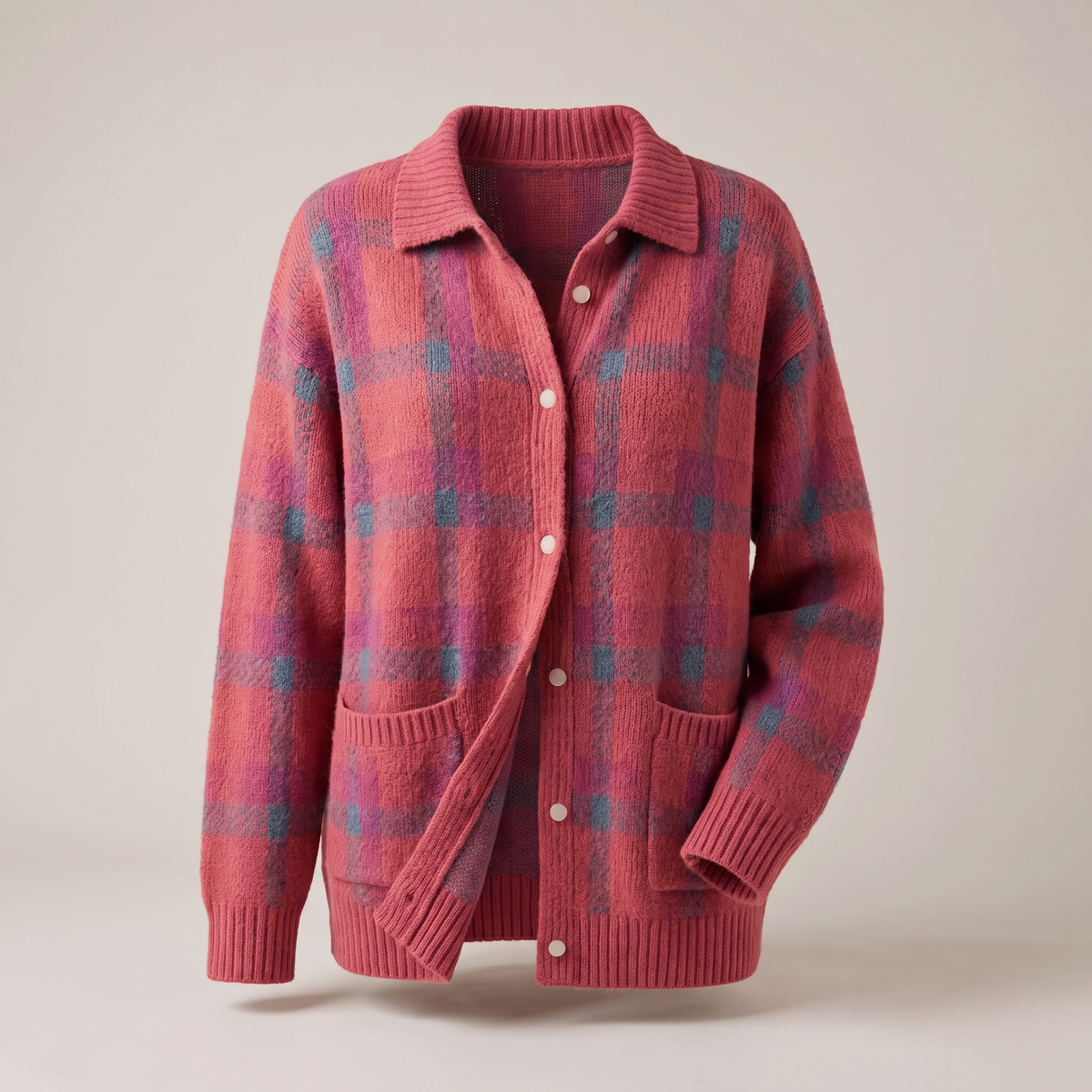 Women’s Collared Plaid Knit Cardigan with Button Front
