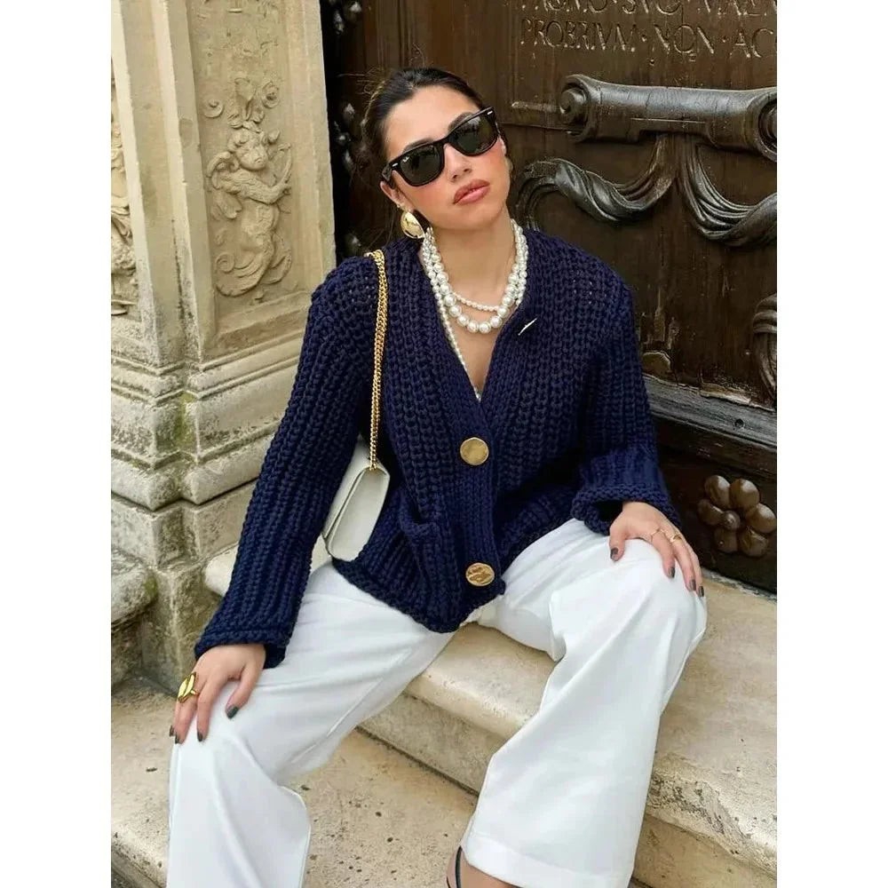 Women's Chunky Knit Gold Button Cropped Cardigan