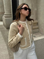 Women's Contrast Trim Button-Front Tweed-Style Jacket