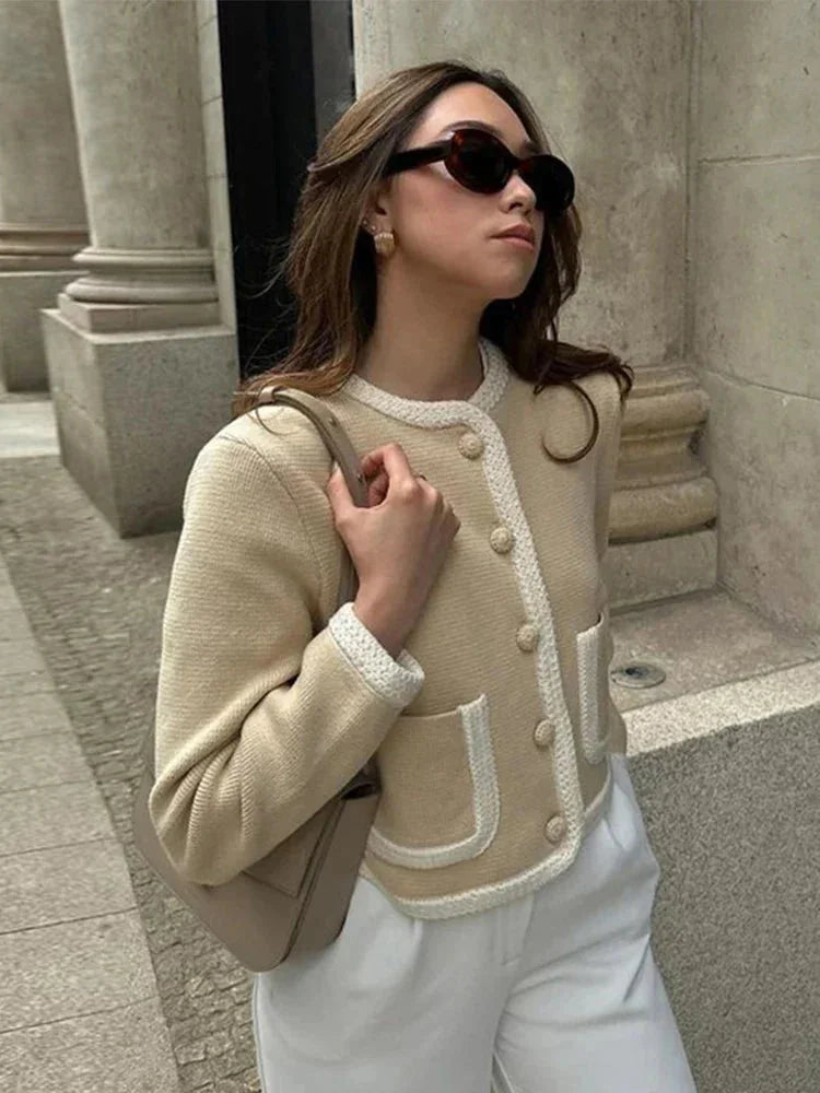 Women's Contrast Trim Button-Front Tweed-Style Jacket