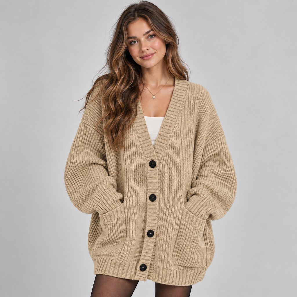 Women's Oversized Ribbed Knit V-Neck Cardigan with Pockets