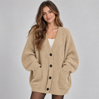 Women's Oversized Ribbed Knit V-Neck Cardigan with Pockets