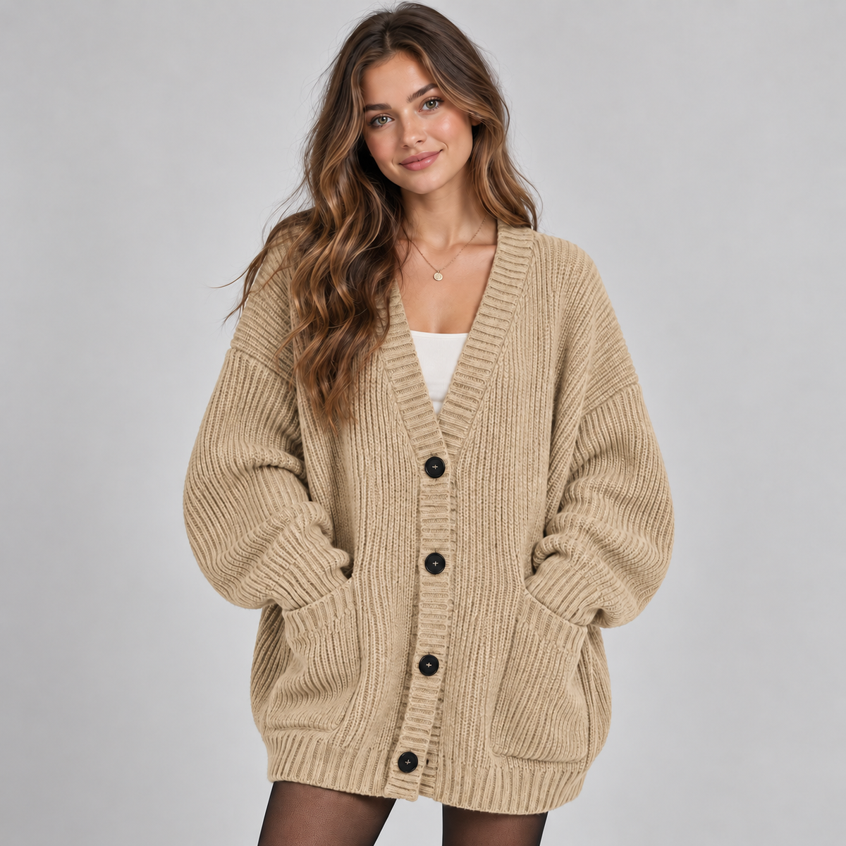 Women's Oversized Ribbed Knit V-Neck Cardigan with Pockets