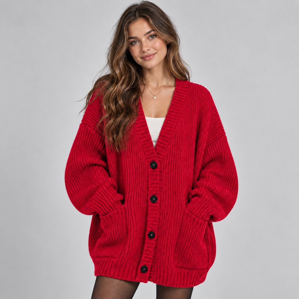 Women's Oversized Ribbed Knit V-Neck Cardigan with Pockets