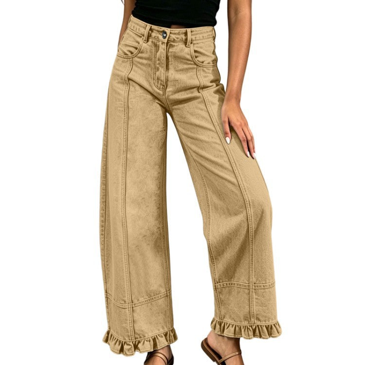 Women's High-Waisted Wide-Leg Jeans with Ruffle Hem