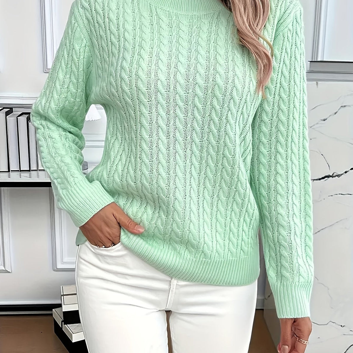 Women’s Classic Cable Knit Mock Neck Sweater