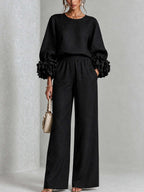 Women’s Flower Cuff Blouse and Wide-Leg Trouser Set