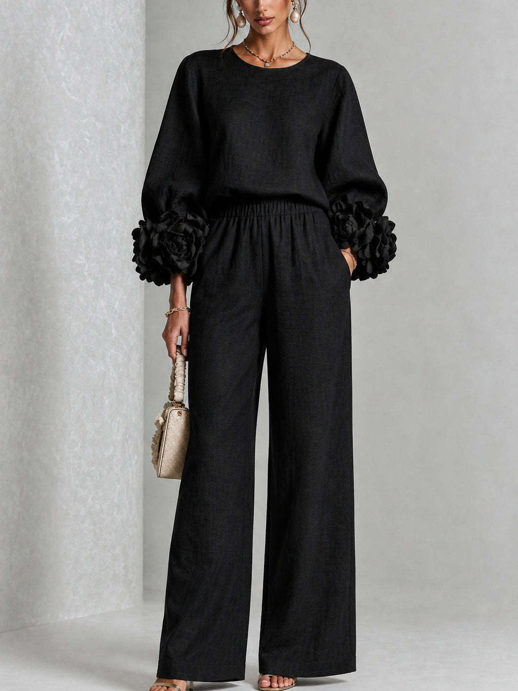 Women’s Flower Cuff Blouse and Wide-Leg Trouser Set