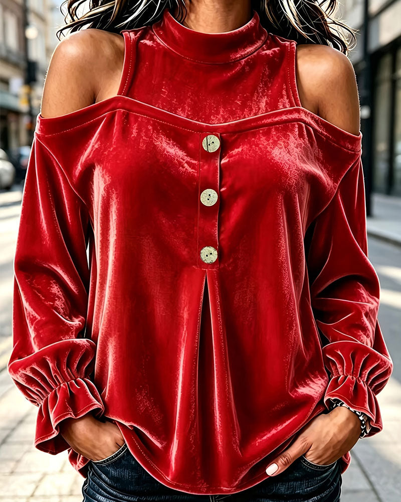 Women’s Velvet Cold Shoulder Mock Neck Top