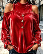 Women’s Velvet Cold Shoulder Mock Neck Top