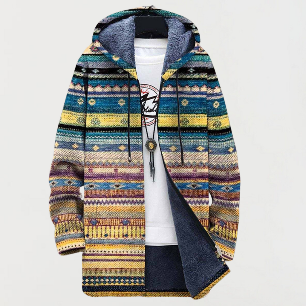 Men's Fleece Lined Hooded Zip Cardigan with Southwestern Print