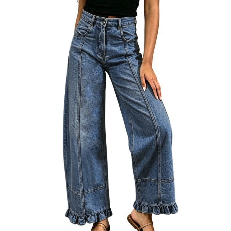 Women's High-Waisted Wide-Leg Jeans with Ruffle Hem