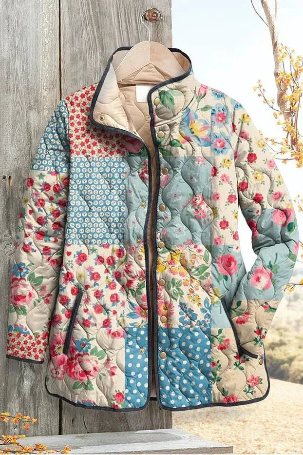 Women's Floral Patchwork Quilted Jacket with Stand Collar