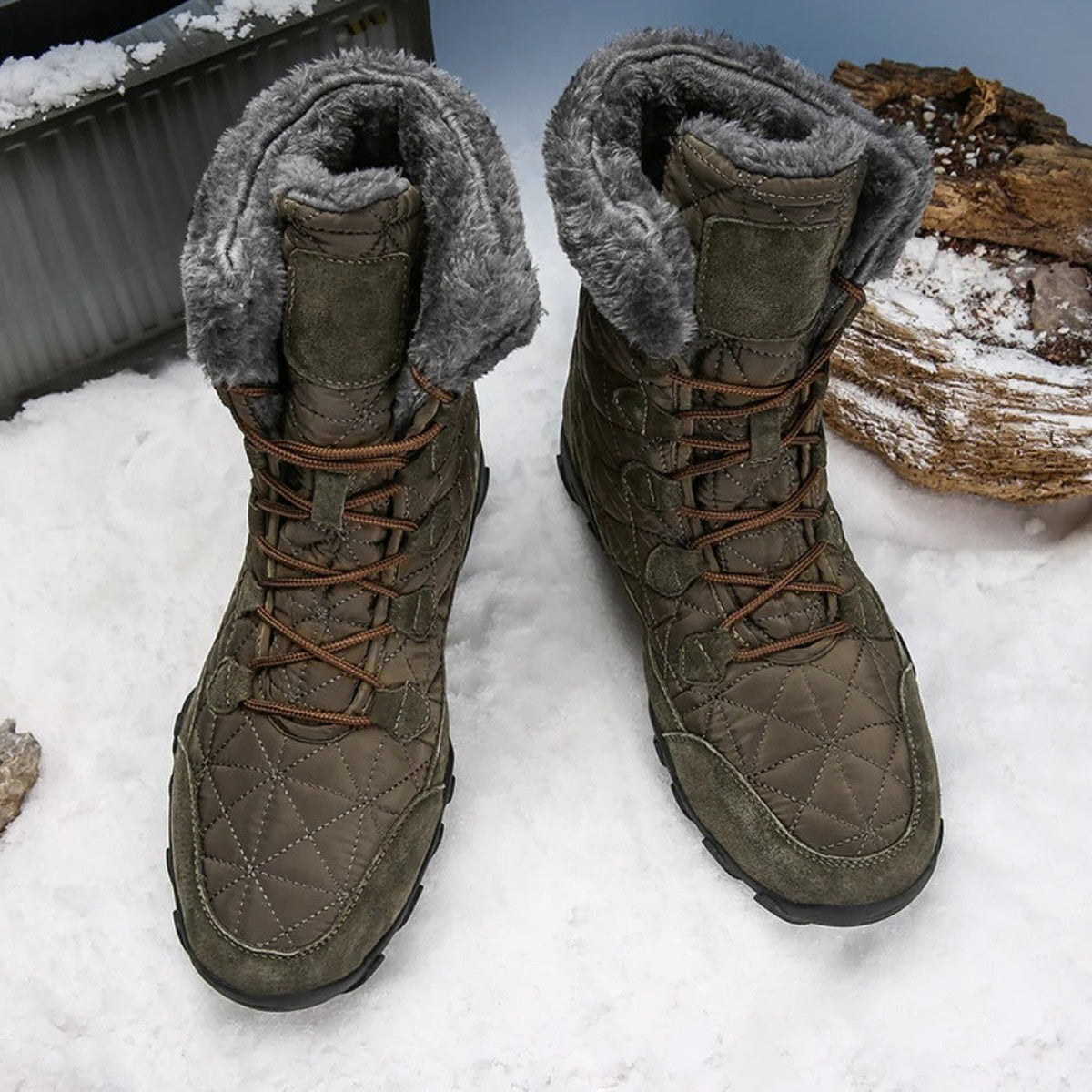 Men’s Faux Fur Lined Quilted Lace-Up Winter Snow Boots
