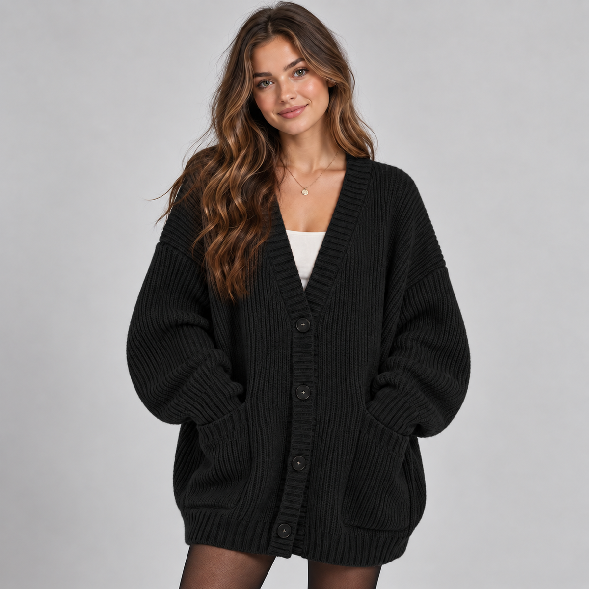 Women's Oversized Ribbed Knit V-Neck Cardigan with Pockets