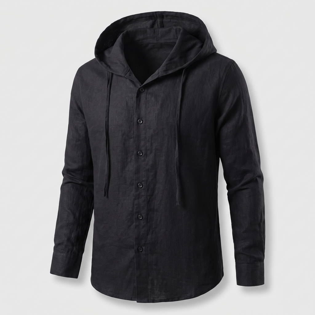 Men’s Striped Hooded Button-Up Shirt with Drawstring