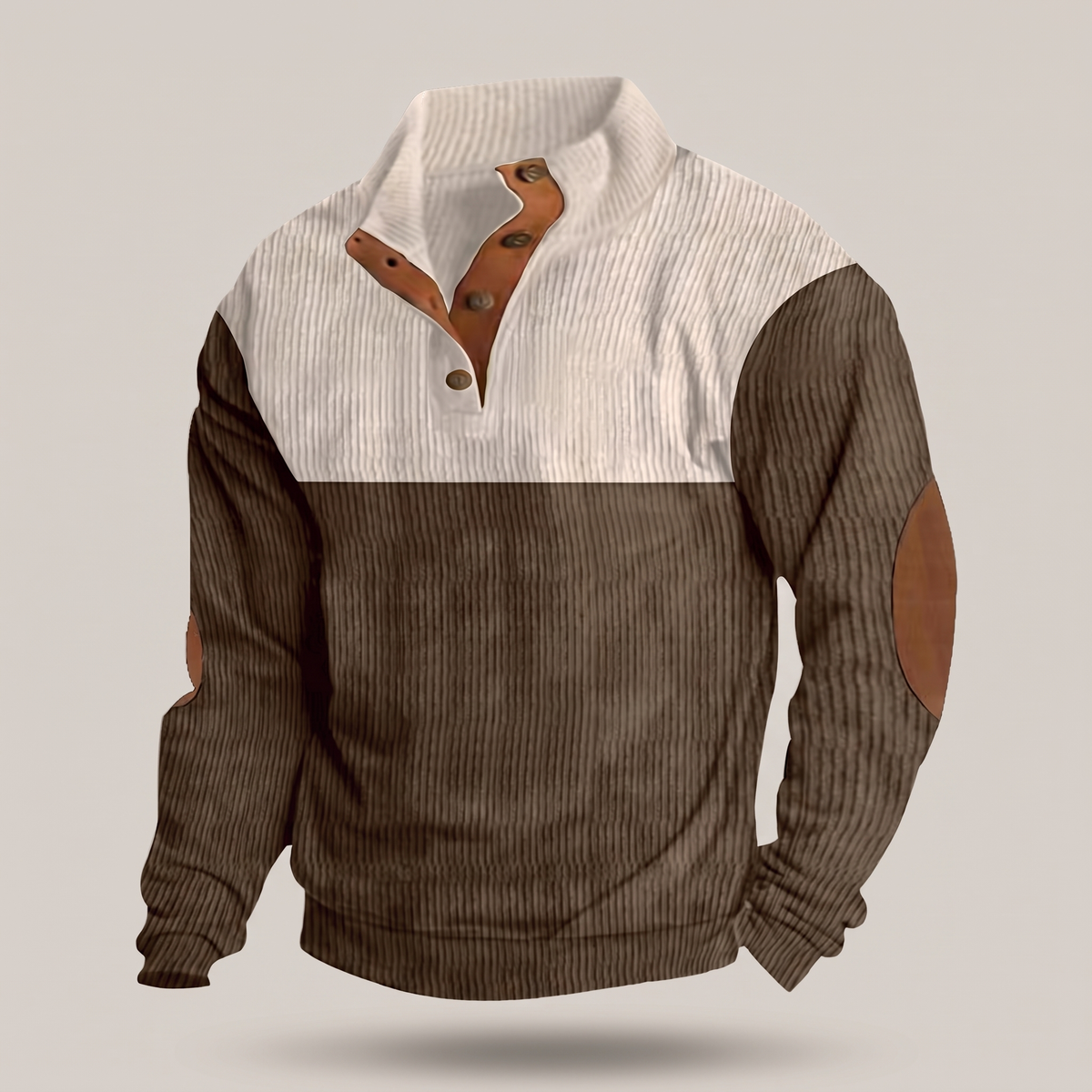 Men’s Colour Block Ribbed Snap Collar Pullover with Elbow Patches