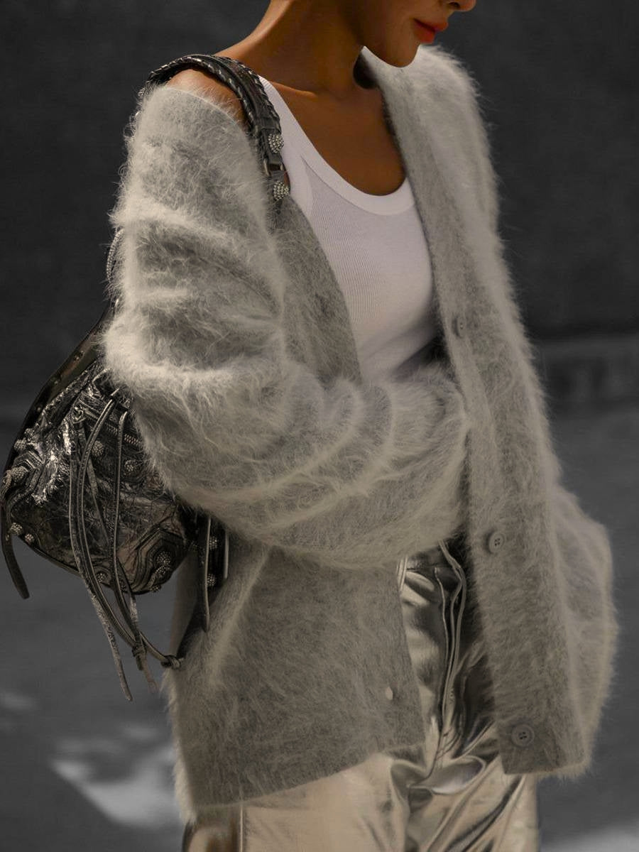 Women's Fluffy V-Neck Cropped Button Cardigan