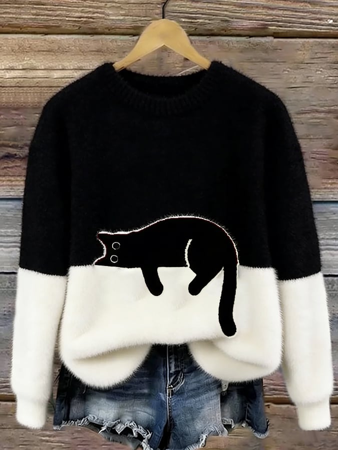 Women’s Colour Block Fluffy Knit Sweater with Lounging Cat Design