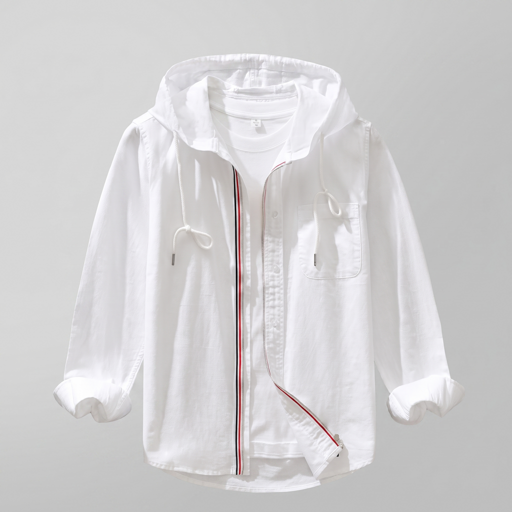 Men’s Hooded Zip-Up Overshirt with Stripe Tape Trim