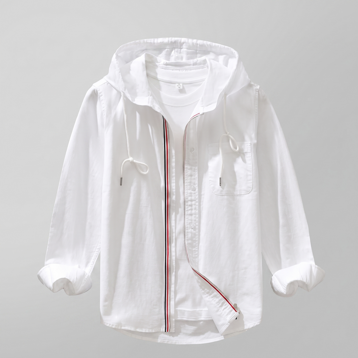Men’s Hooded Zip-Up Overshirt with Stripe Tape Trim