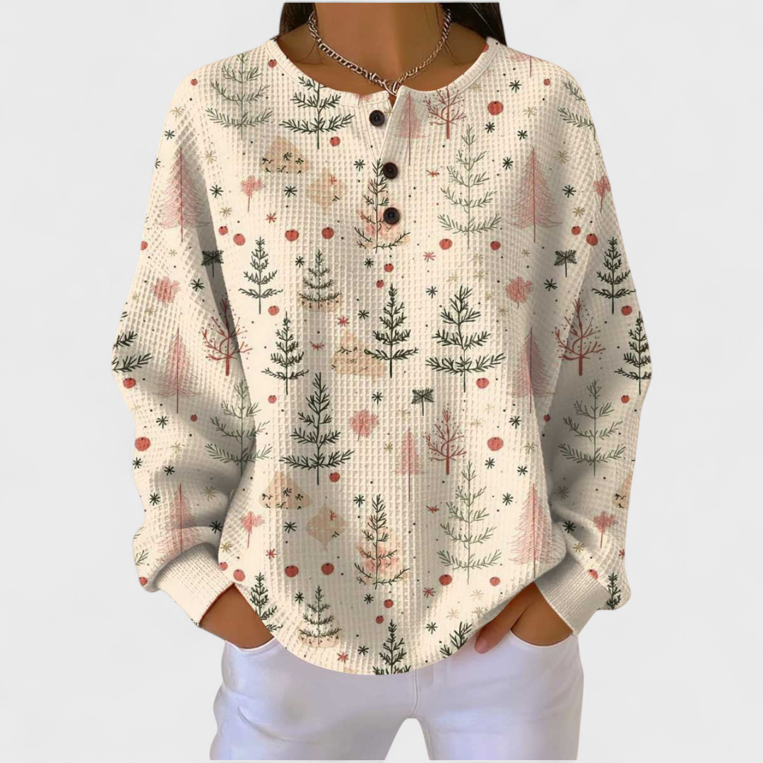 Women's Christmas Print Waffle Knit Long Sleeve Henley Top