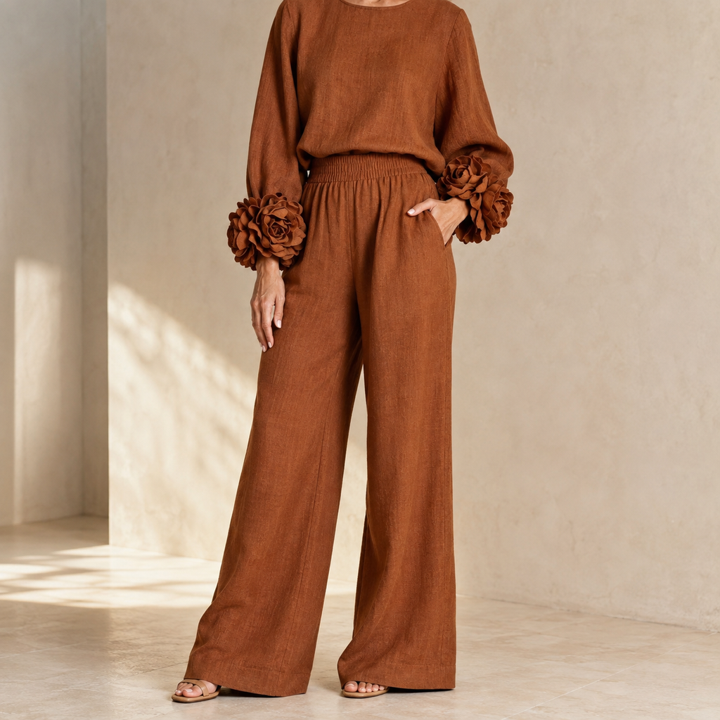 Women’s Flower Cuff Blouse and Wide-Leg Trouser Set