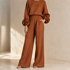 Women’s Flower Cuff Blouse and Wide-Leg Trouser Set