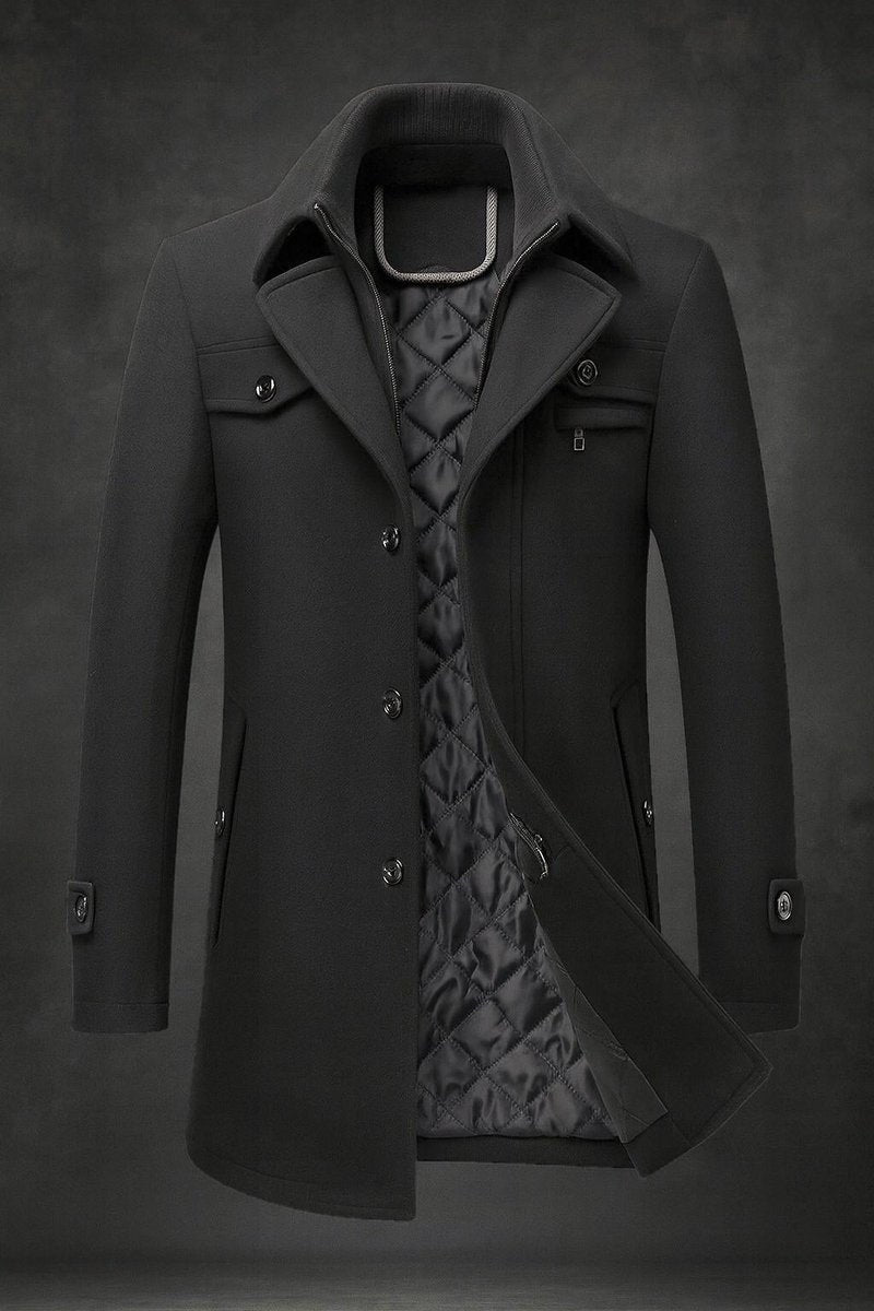 Men's Double Collar Quilted Lined Tailored Overcoat