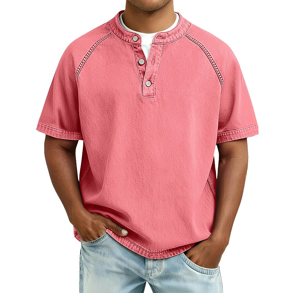 Men's Short Sleeve Band Collar Button Henley Tee